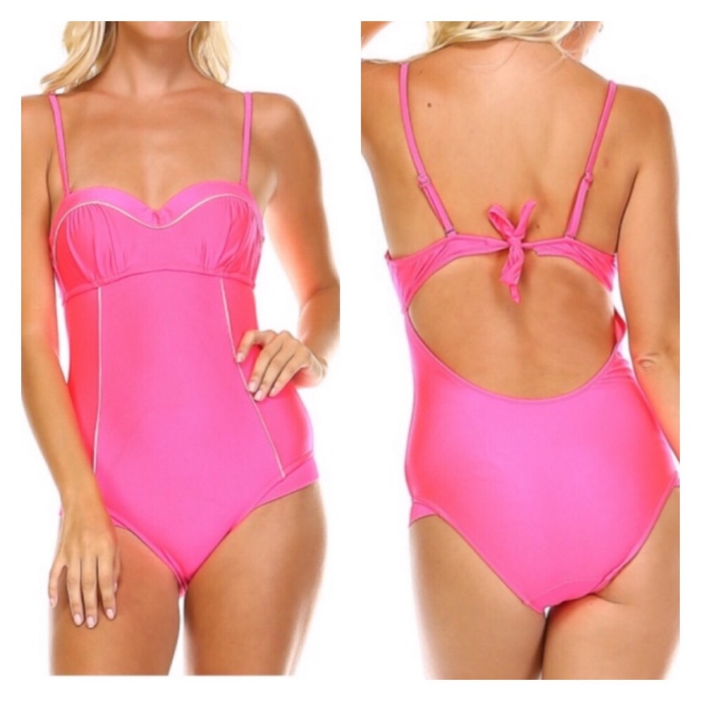 🛍️# 609 Pink Retro 1 Piece Halter Swimsuit